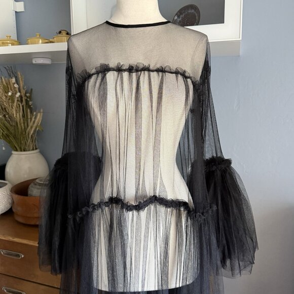 Black Mesh Sheer Tulle Maxi Dress Gothic Flowy Swing Size S/M - Picture 2 of 9